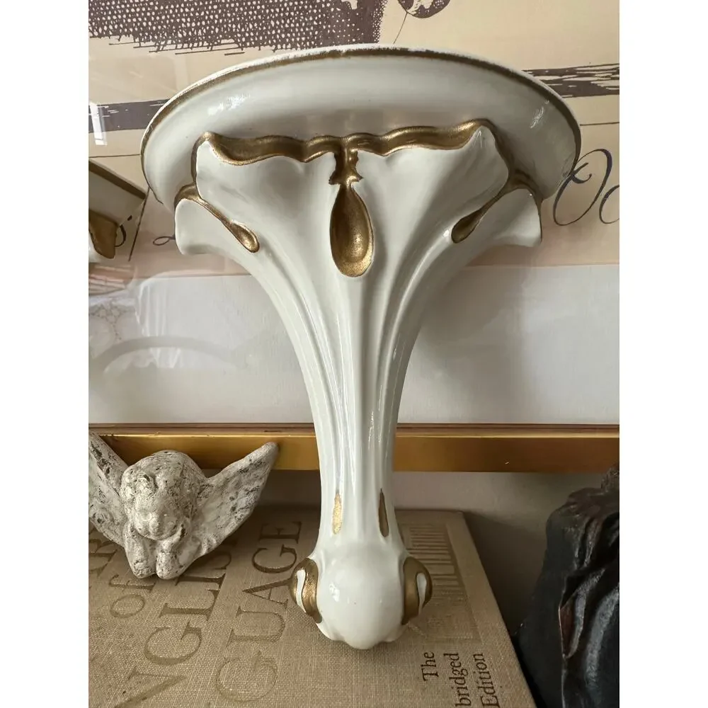 Vintage Italian Hollywood Regency Style Gilt Porcelain Brackets Shelves sconces